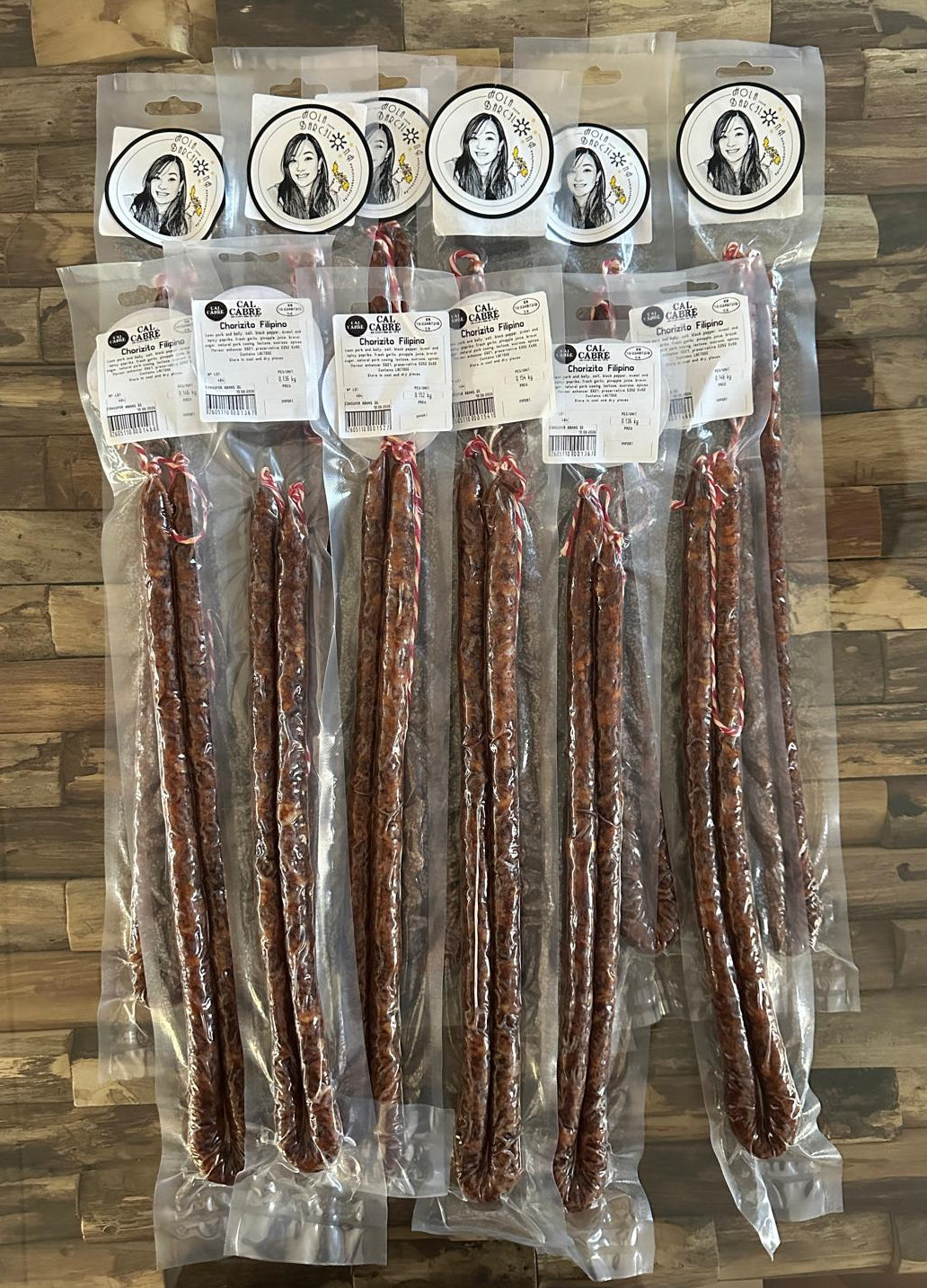 Packaged chorizito filipino sausages with brand stickers pinay sa barcelona.