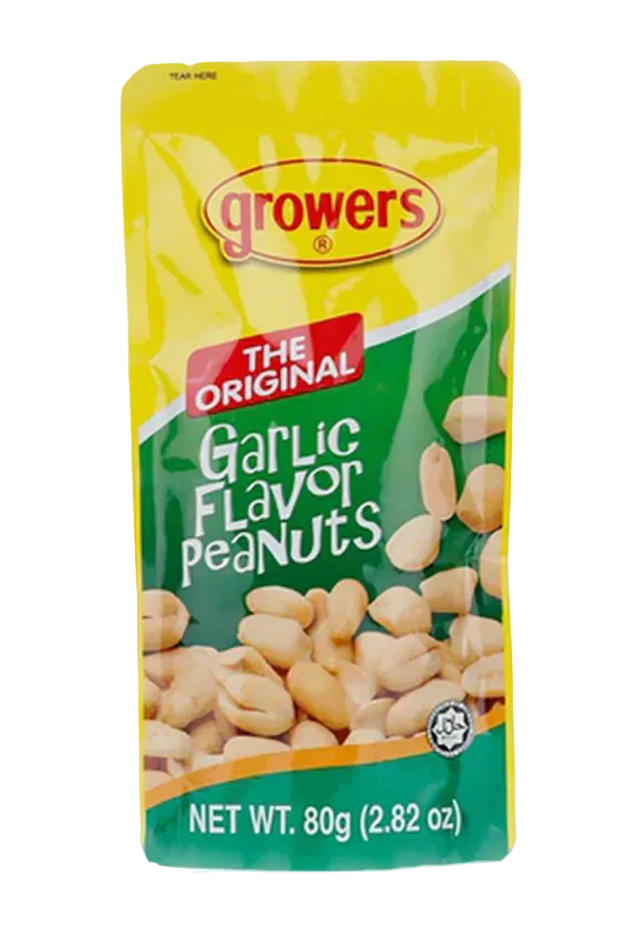 Packaging of Growers Garlic Flavor Peanuts on a white background