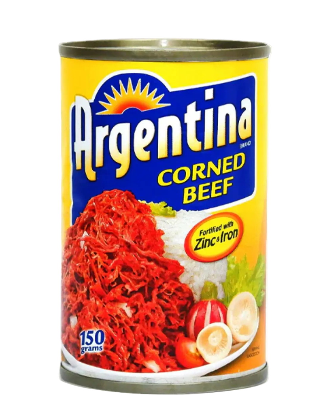 A can of Argentina Brand Corned Beef, 150 grams, featuring a bright yellow label with a blue brand logo and an image of the beef on a white plate.
