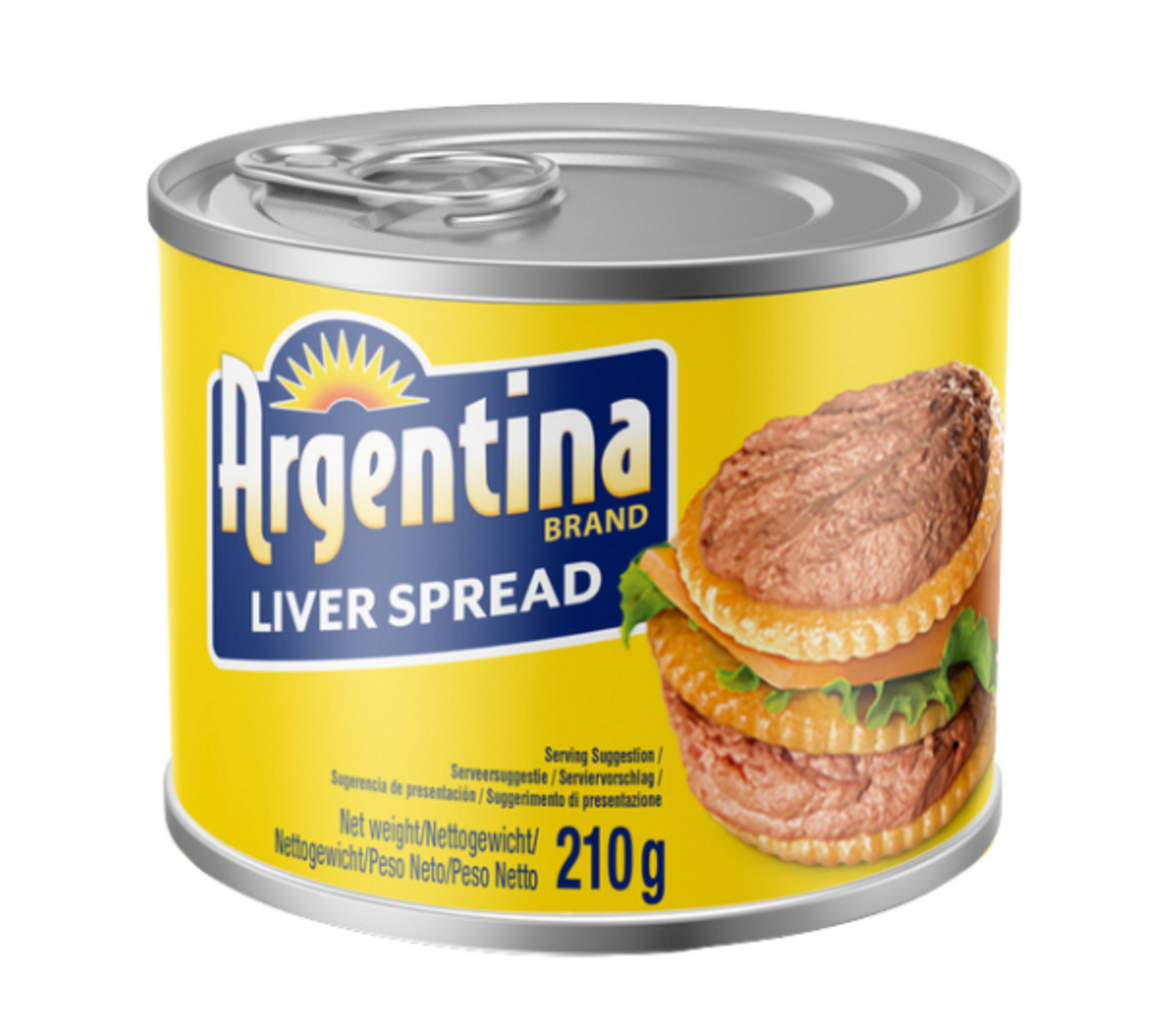 A 210g can of Argentina Brand Liver Spread on a plain white background. The can features a bright yellow label with the brand name in blue and a graphic of a liver patty sandwich.