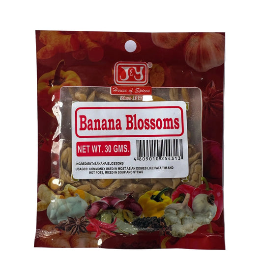 A 30g packet of J&Y Banana Blossoms spice blend, featuring a red and white label with illustrations of spices and vegetables, set against a light gray background.