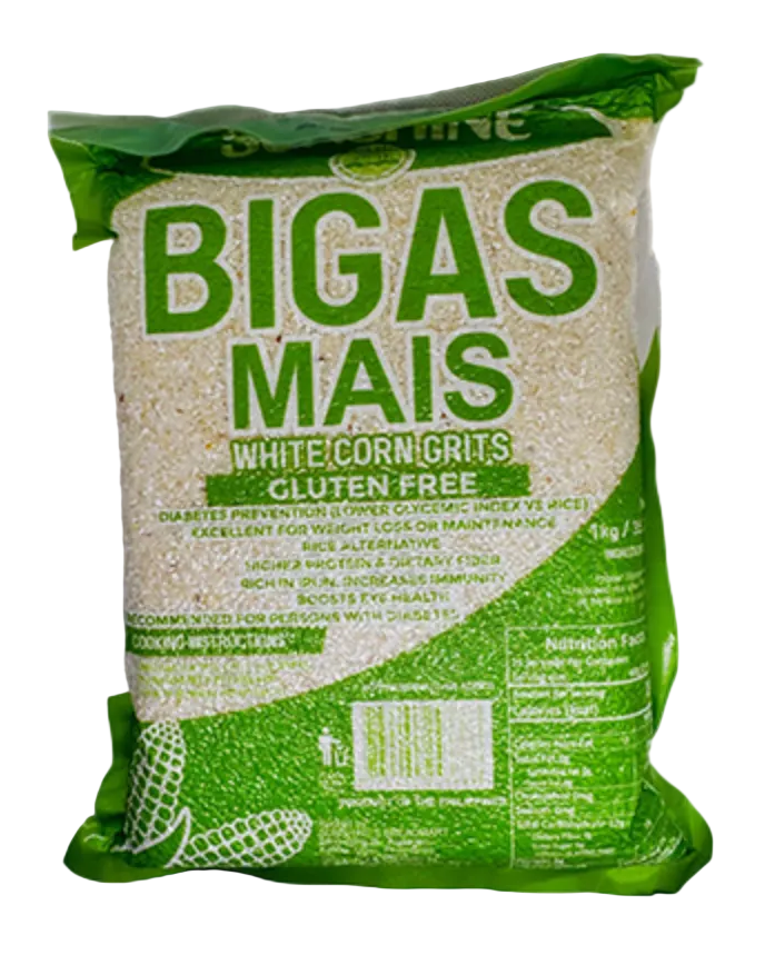 Bag of Bigas Mais white corn grits gluten-free on a white background