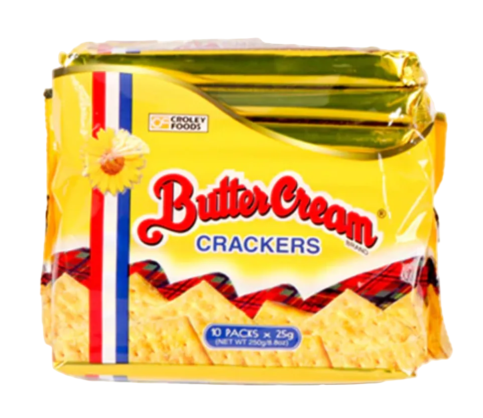 Pack of Butter Cream Crackers with yellow packaging and visible brand logo. 10pcs.x25g