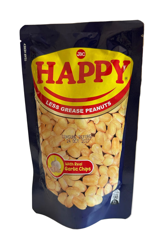 A bag of JBC Happy Less Grease Peanuts 100g with Real Garlic Chips, standing on a white background. 