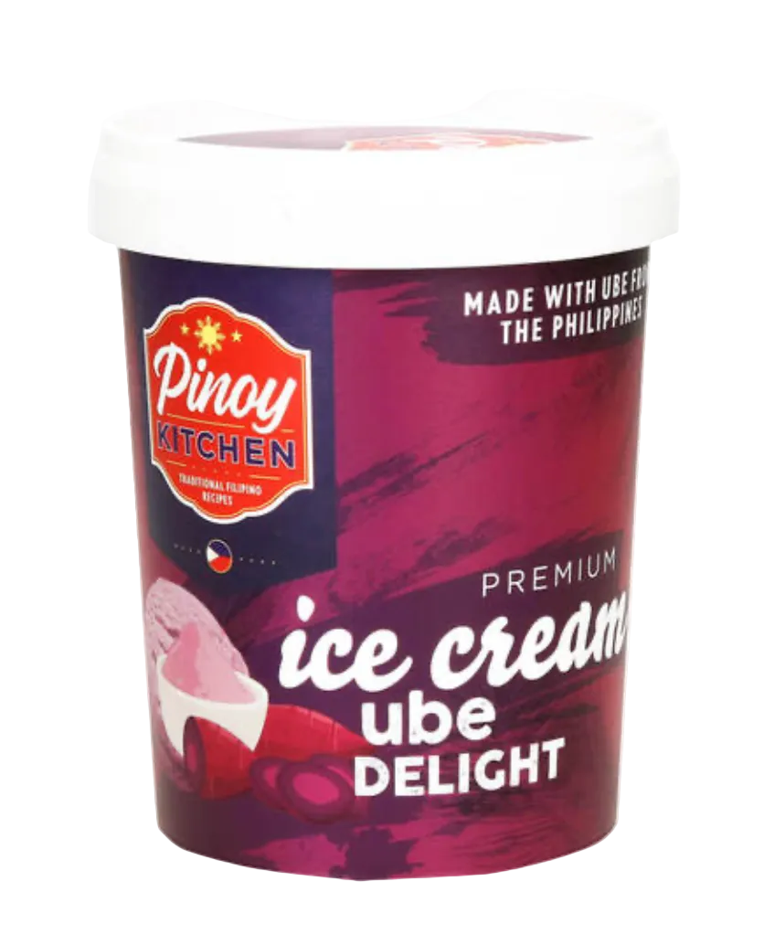 A container of Pinoy Kitchen Premium ube Delight ice cream, featuring a dark purple and magenta label with a white lid, on a plain white background, 500ml