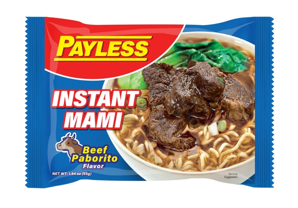 A package of 55g Payless Instant Mami Beef Paborito flavor instant noodles, featuring a blue and red wrapper with a bowl of noodle soup containing beef and green vegetables.