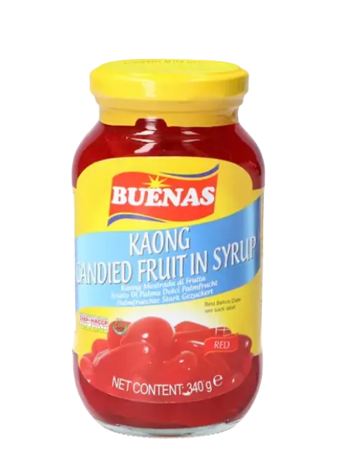 A glass jar of Buenas Kaong Candied Fruit in Syrup 340g with a yellow lid, red contents, and a yellow, blue, and red label, shown on a checkered background.