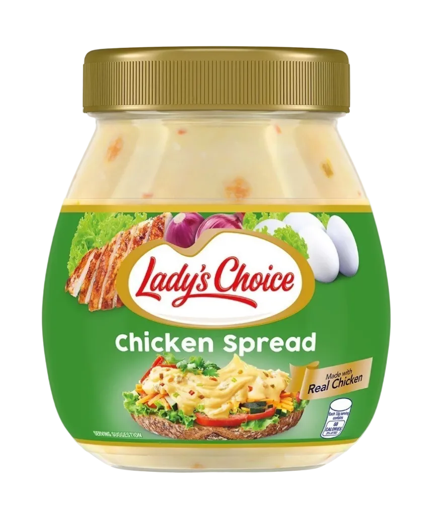 Jar of Lady's Choice Chicken Spread with a green label and gold lid on a white background