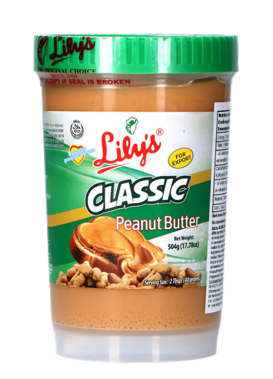 A jar of Lily's Classic Peanut Butter on a white background, showing the green lid, clear jar, and label with peanut butter and peanuts, 504g.