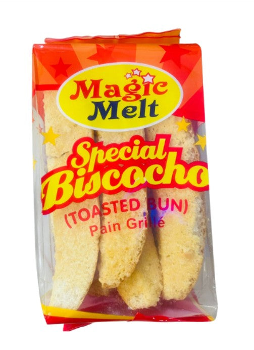 Packaged snack sticks with 'Magic Melt Special Biscocho' label on a white background