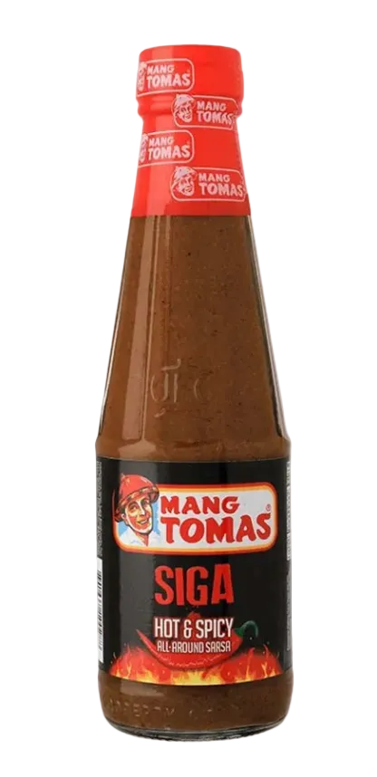 Bottle of Mang Tomas Siga hot and spicy chili sauce on a white background