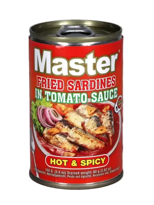 A can of Master Fried Sardines in Tomato Sauce, Hot & Spicy 80g, shown on a white background.