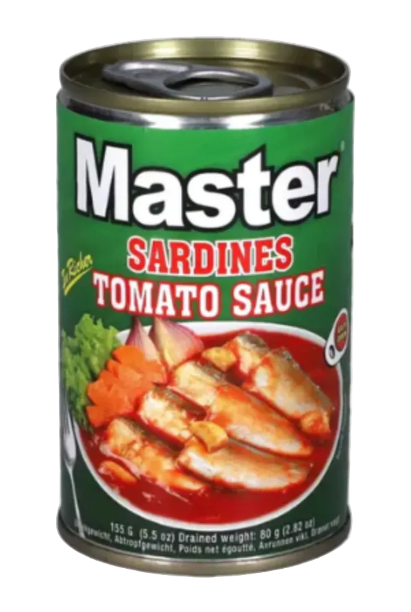 Can of Master Sardines in Tomato Sauce on a white background