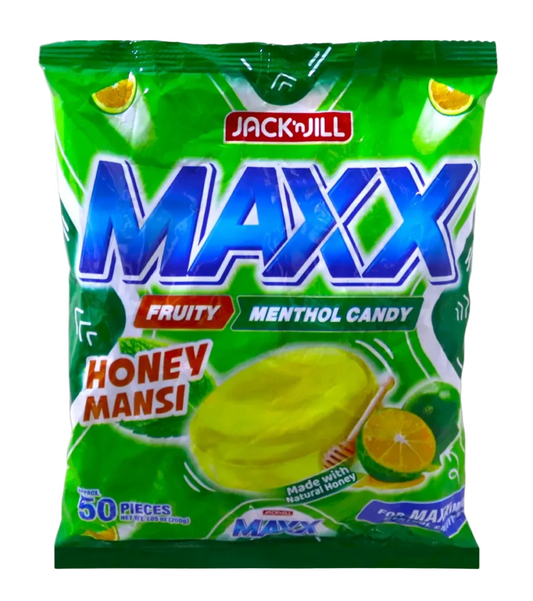 A bag of Jacknill Maxx Fruity Menthol Candy in Honey Mansi flavor 50pcs.x40g , featuring a bright green packaging design with blue and white lettering and illustrations of honeycomb and citrus.