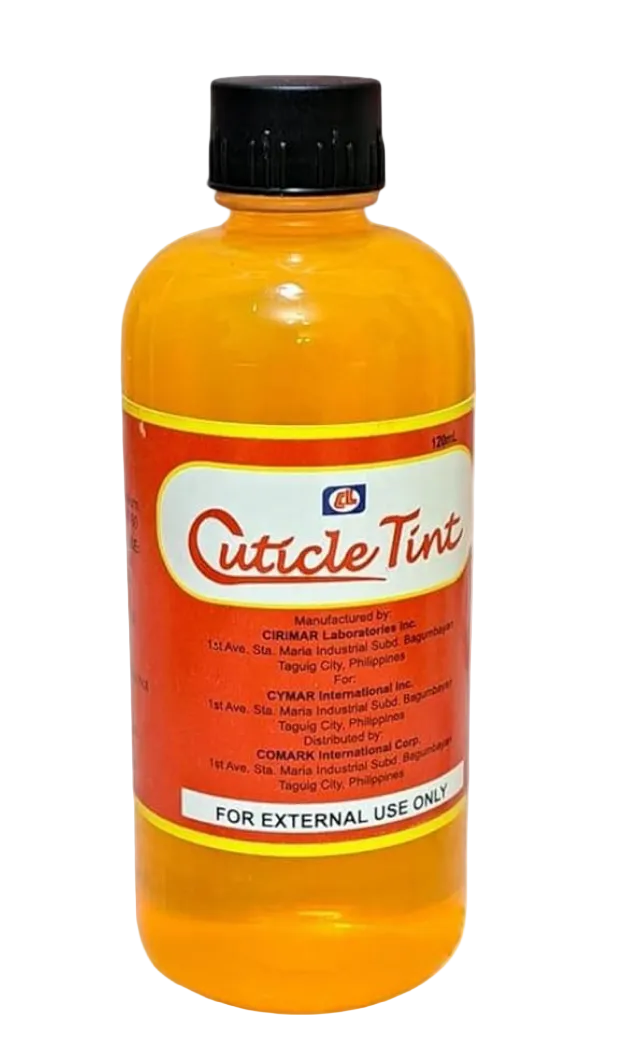 Bottle of Cuticle Tint with a red label on a white background