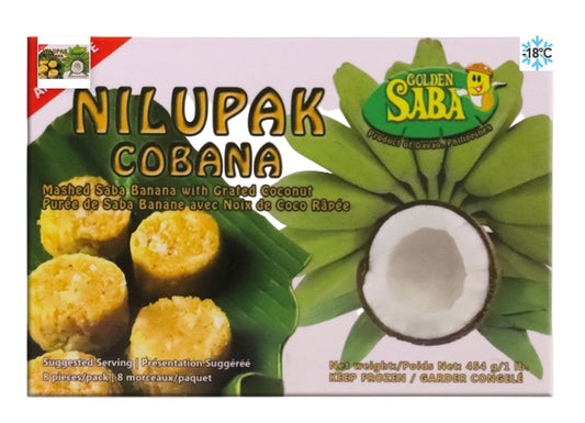 Box of Nilupak Cobana with Saba banana and coconut on a white background
