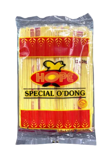 A package of Hope Special O'Dong 12x20g noodles, featuring yellow noodles visible through a clear plastic bag with red and yellow label graphics.