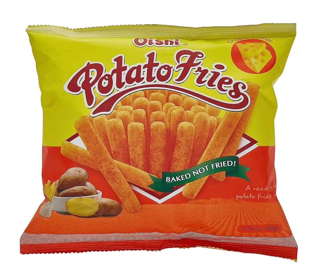 Packaging of Oishi potato fries with a yellow and red design.