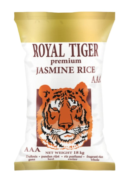 Bag of Royal Tiger premium jasmine rice with a tiger design on a white background. 18kg