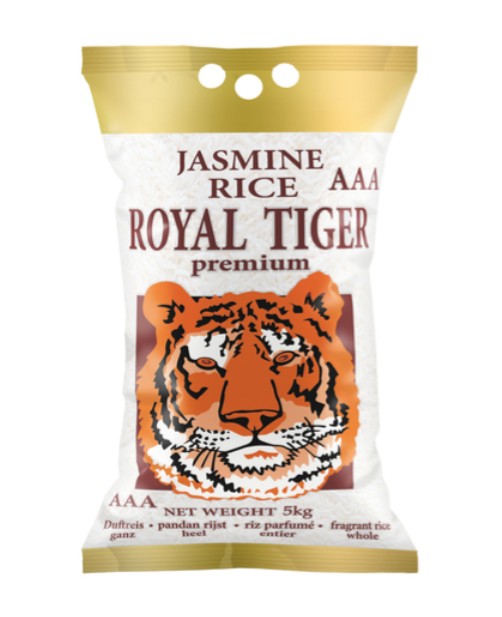 Bag of Jasmine Rice with Royal Tiger branding on a white background