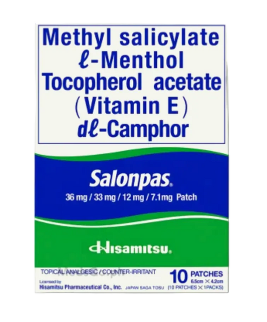 A package of Hisamitsu Salonpas topical analgesic patches, featuring a white, blue, and green box with text listing key ingredients such as methyl salicylate, l-menthol, tocopherol acetate, and dl-camphor.