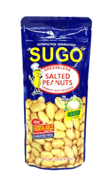 Packaging of Sugo salted garlic peanuts on a white background in 100g resealable pack
